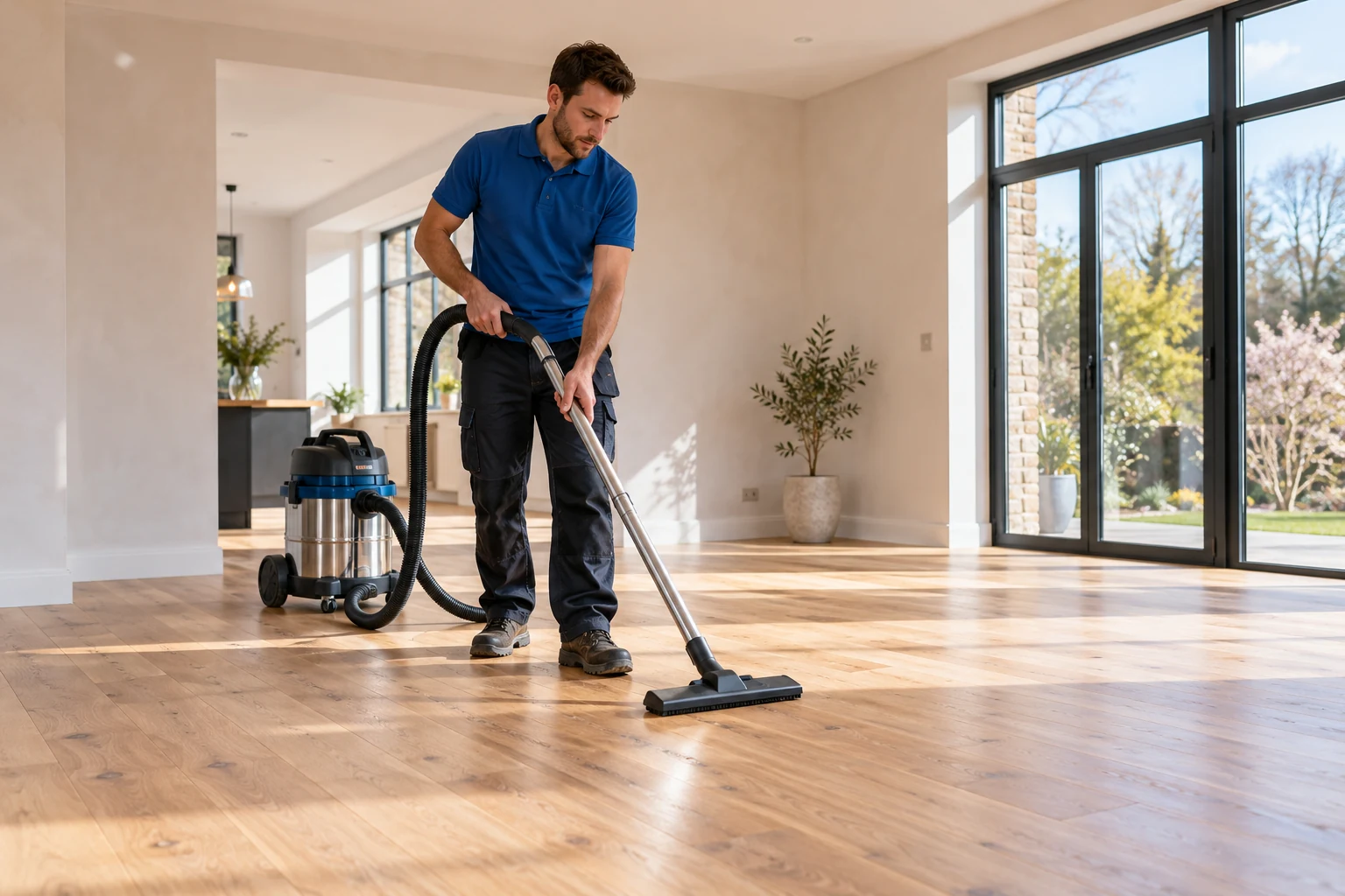 A cleaner vacuuming a bright newly renovated room