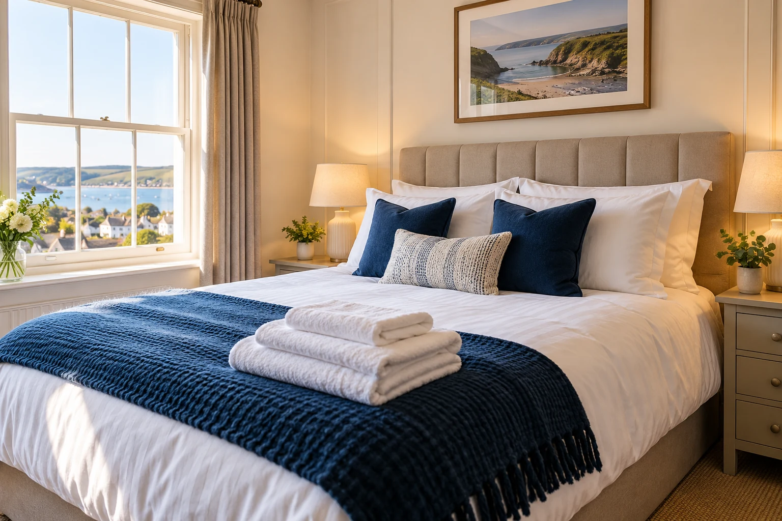 Fresh towels on a neatly made holiday-let bed