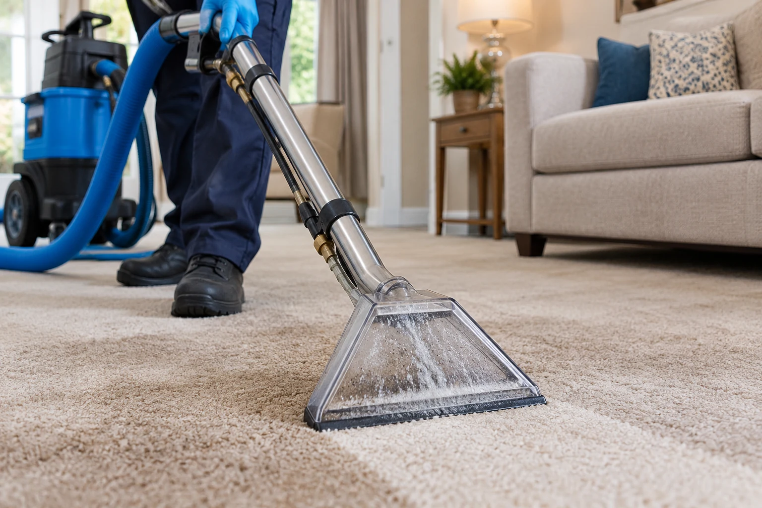 Carpet extraction equipment cleaning a soft living-room carpet