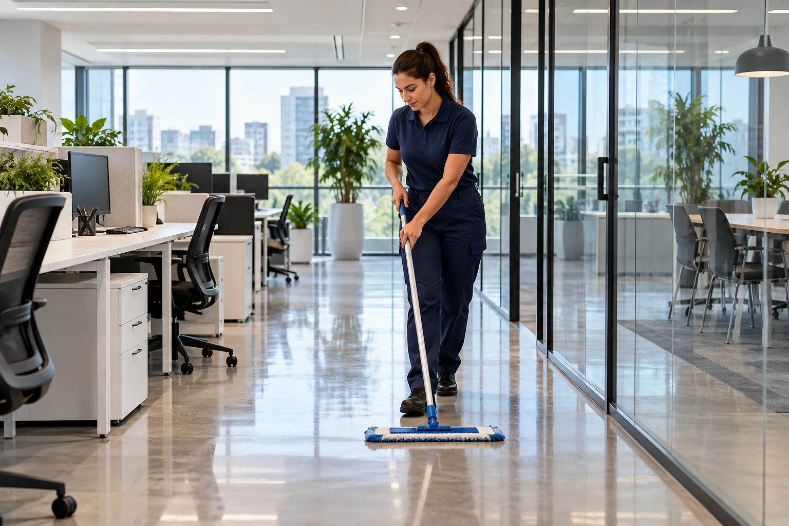 A professional mopping the aisle of a clean modern office