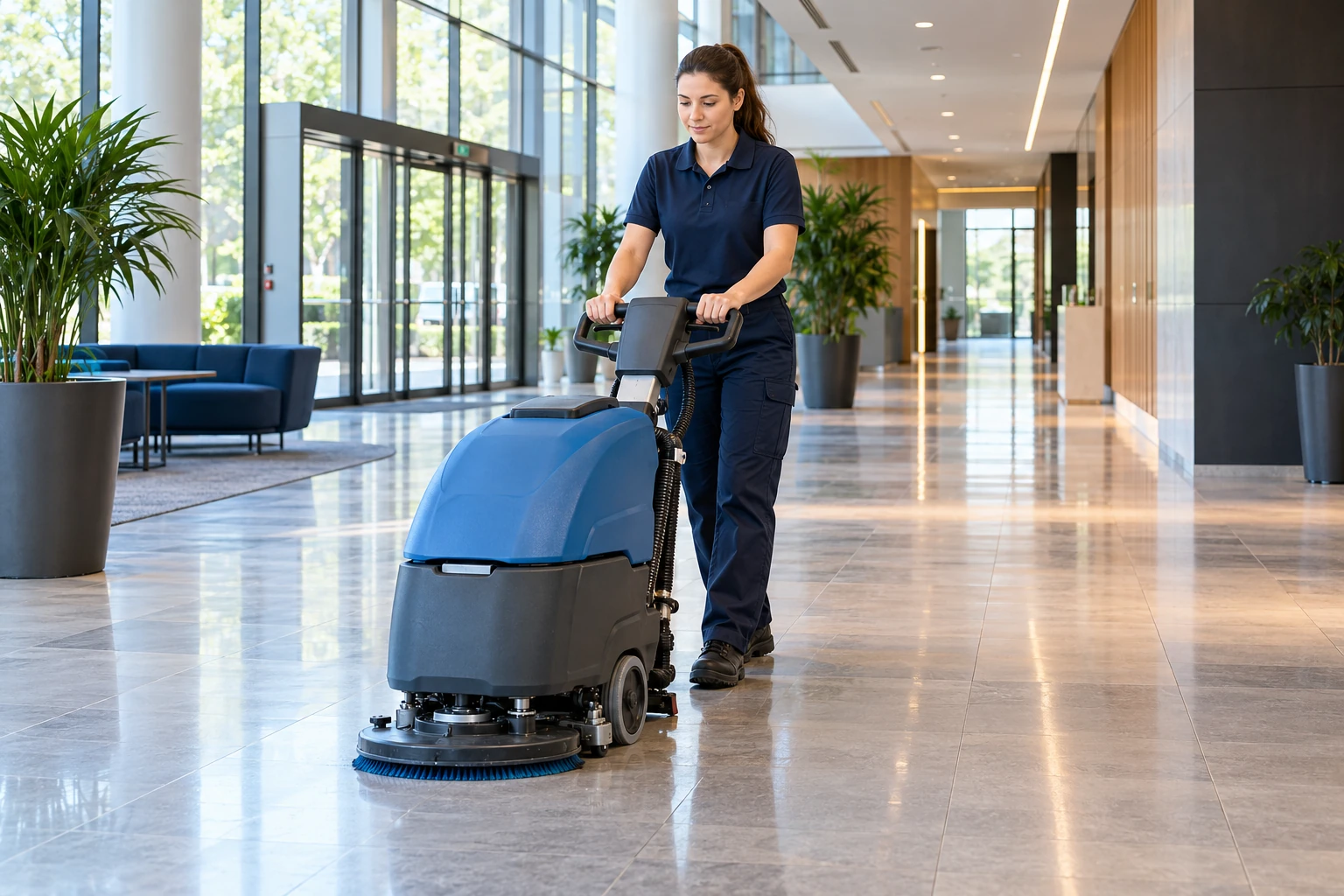 Cleaner operating a floor scrubber in a commercial reception