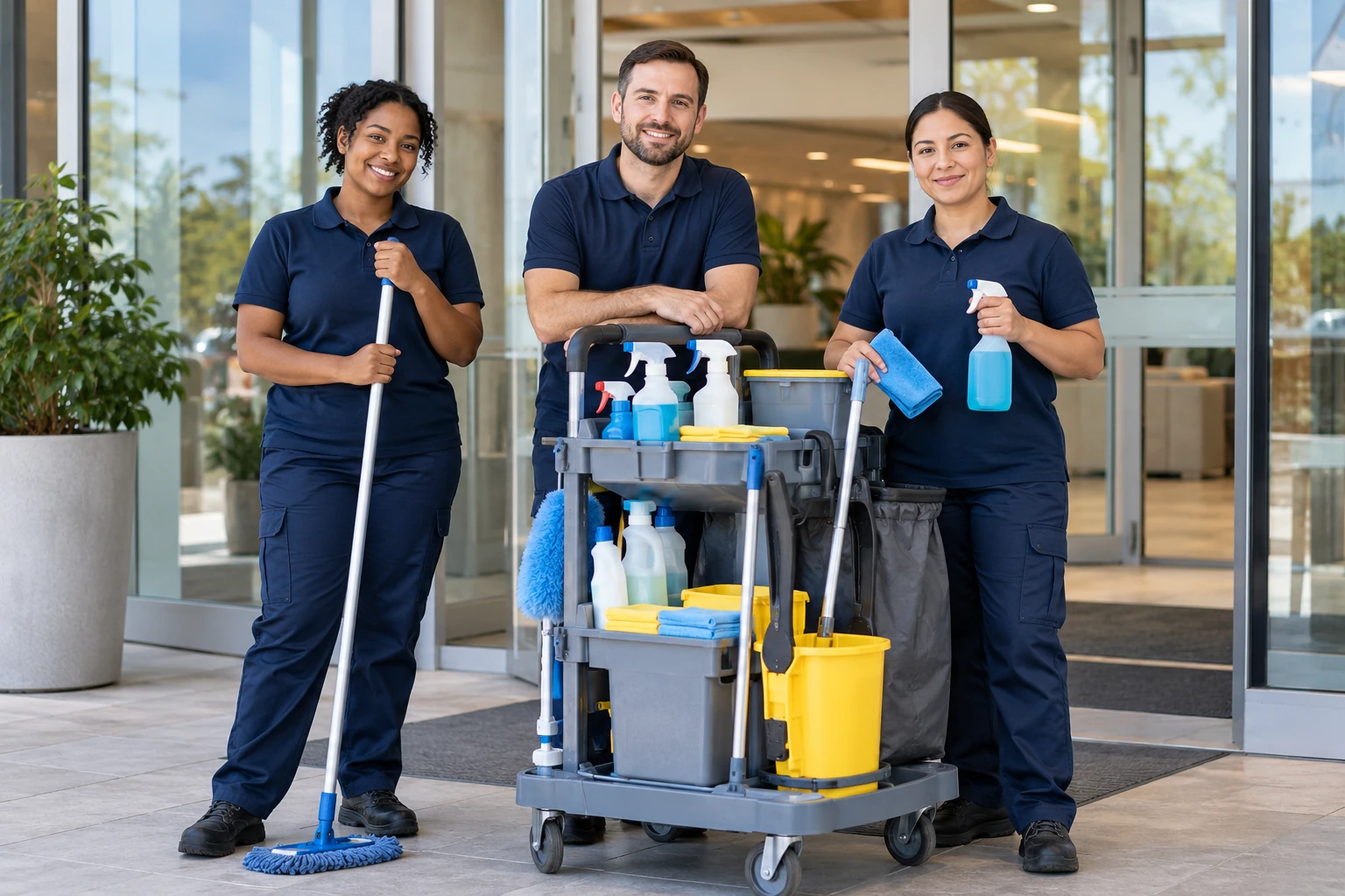 Illustrative cleaning team with a stocked equipment trolley