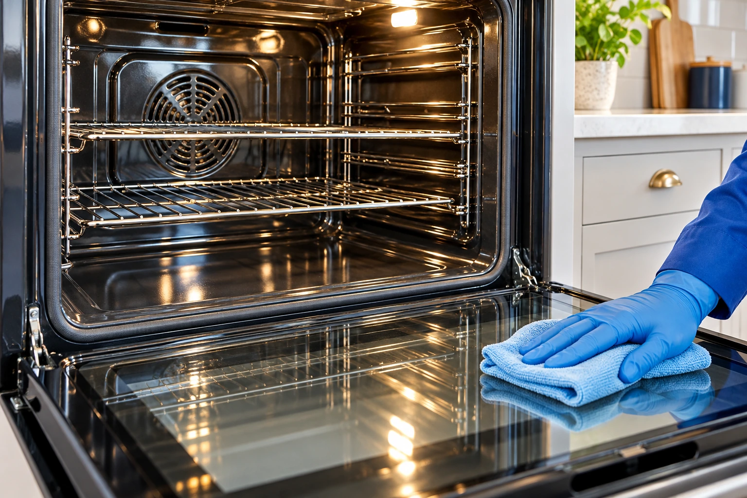 A blue-gloved hand detailing the glass door of a sparkling clean oven