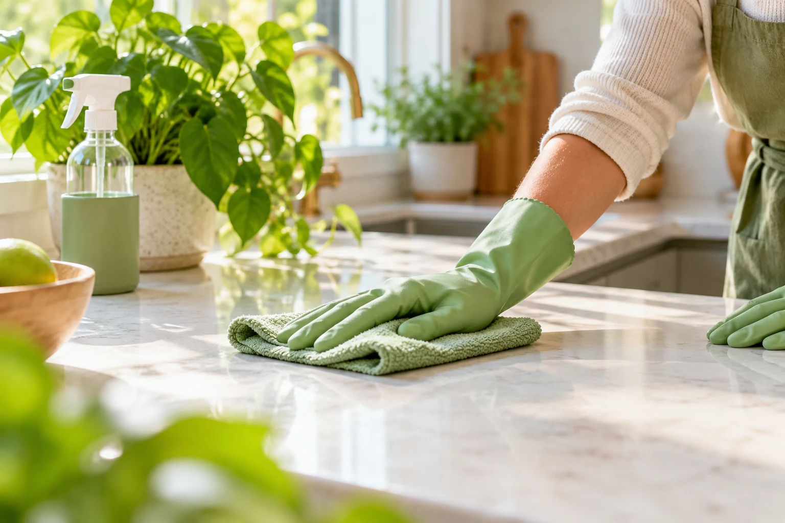 A reusable green cloth wiping a clean kitchen worktop