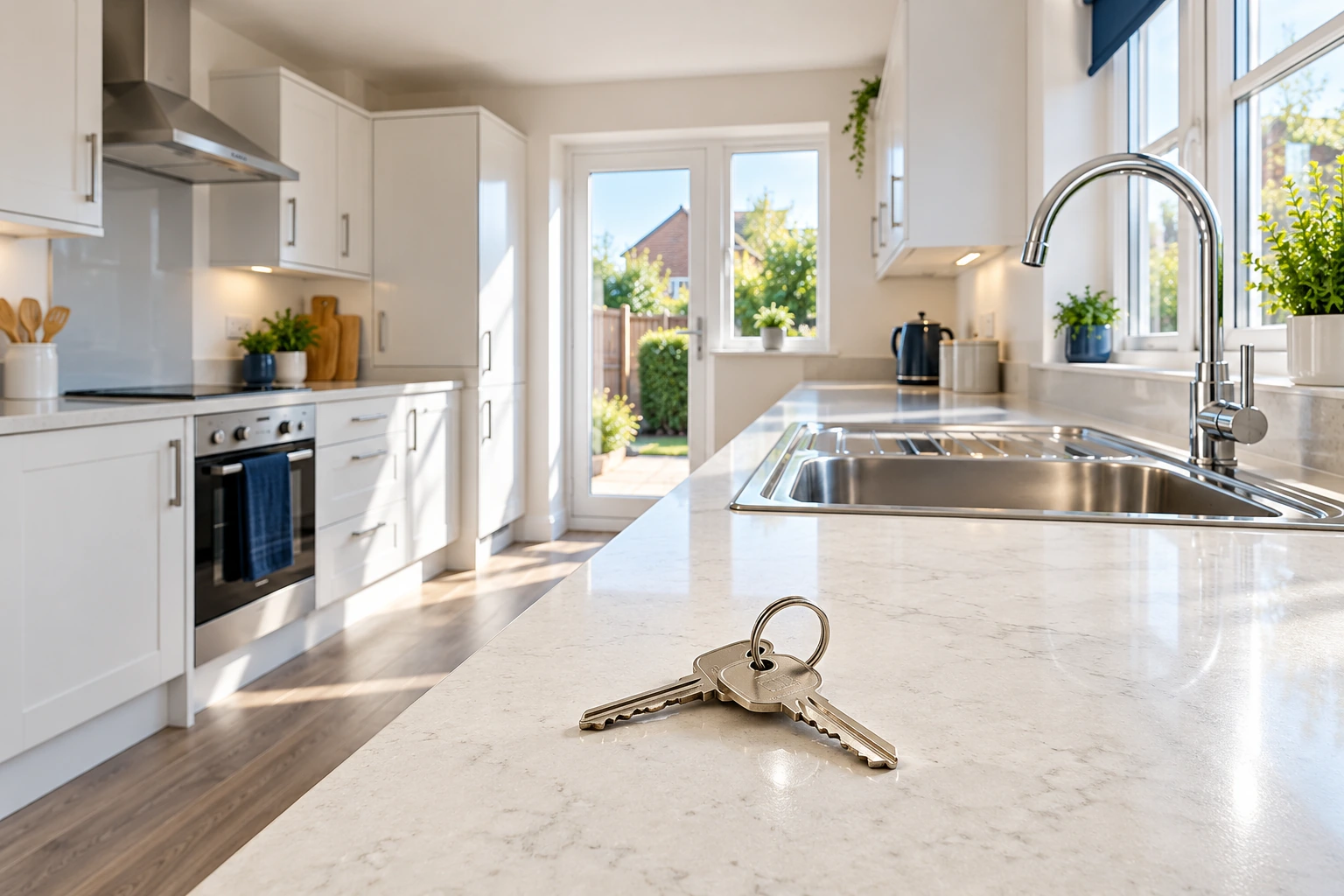 House keys on a spotless kitchen worktop, ready for property handover