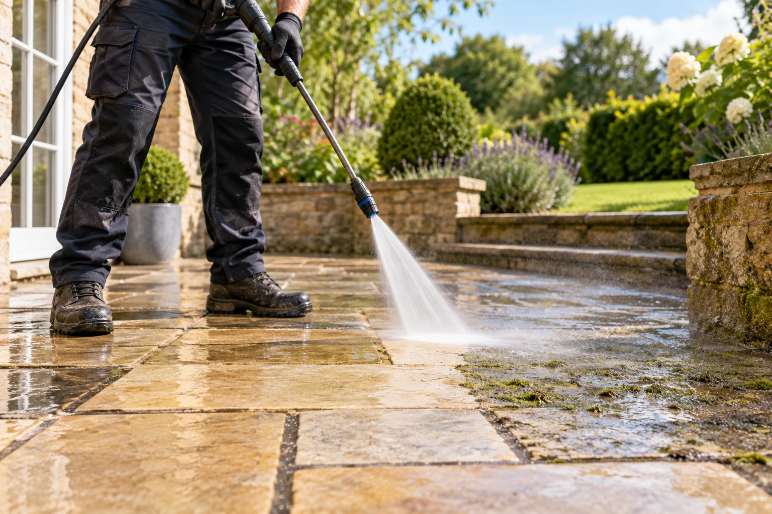 A pressure-washing lance cleaning a stone garden patio