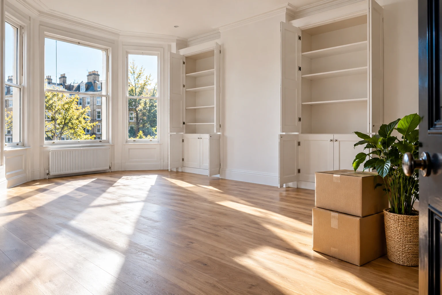 A clean empty apartment with moving boxes ready for a fresh start
