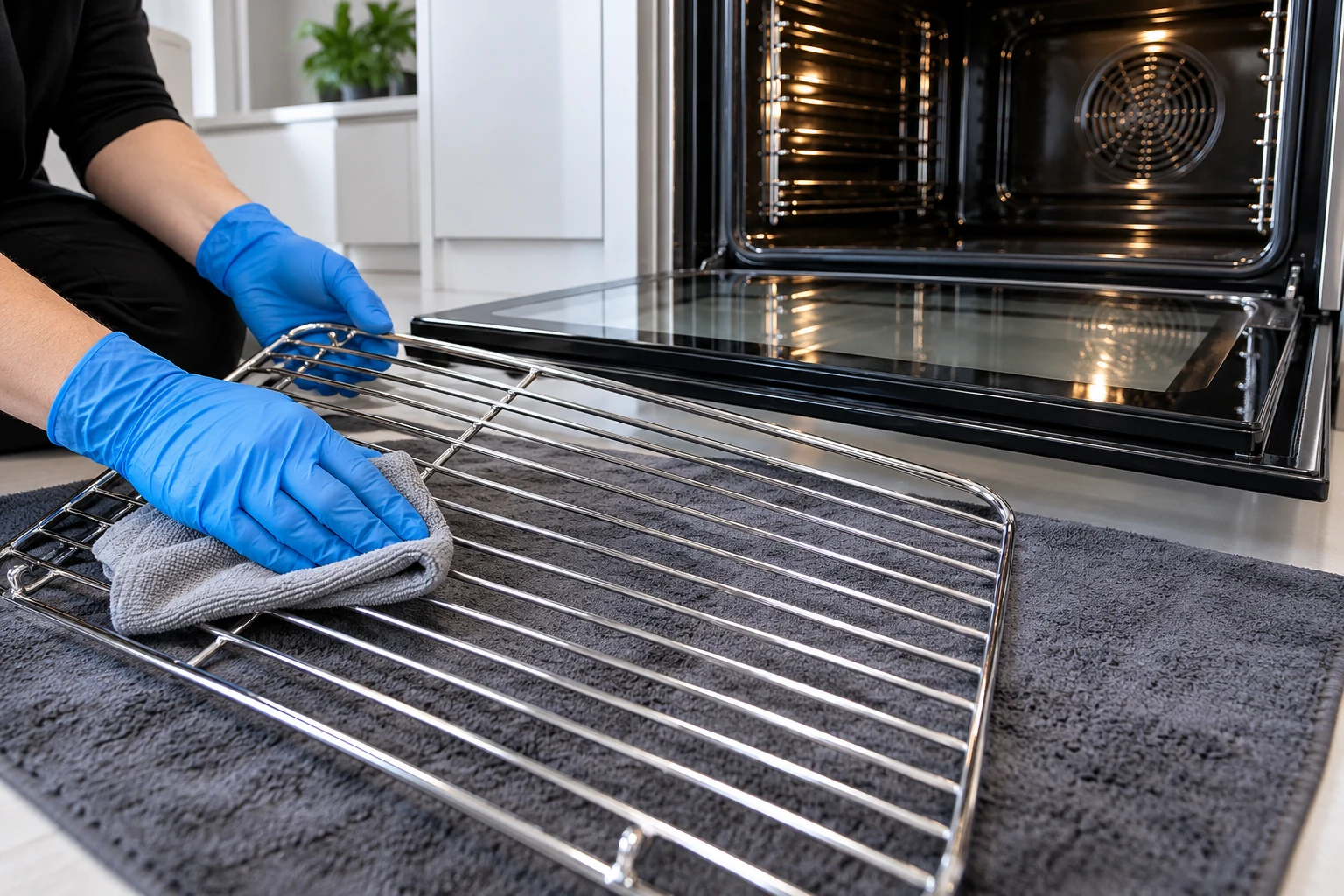 Blue-gloved hands cleaning a metal oven rack