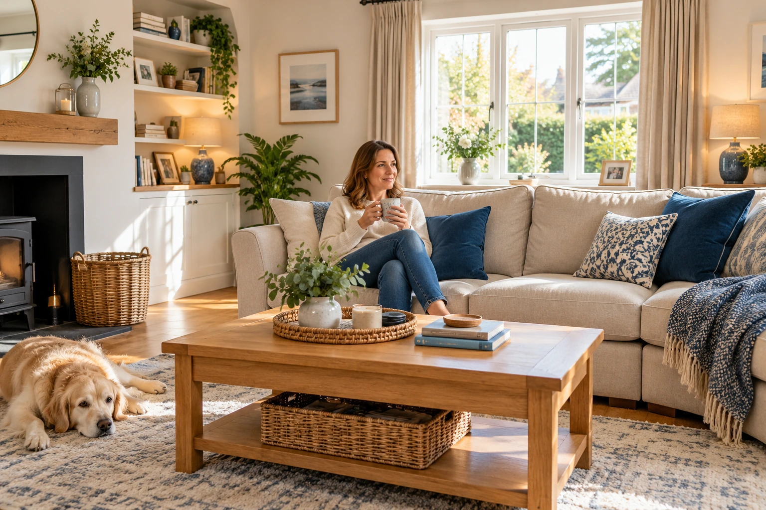 A homeowner relaxing with tea in a tidy, sunlit living room