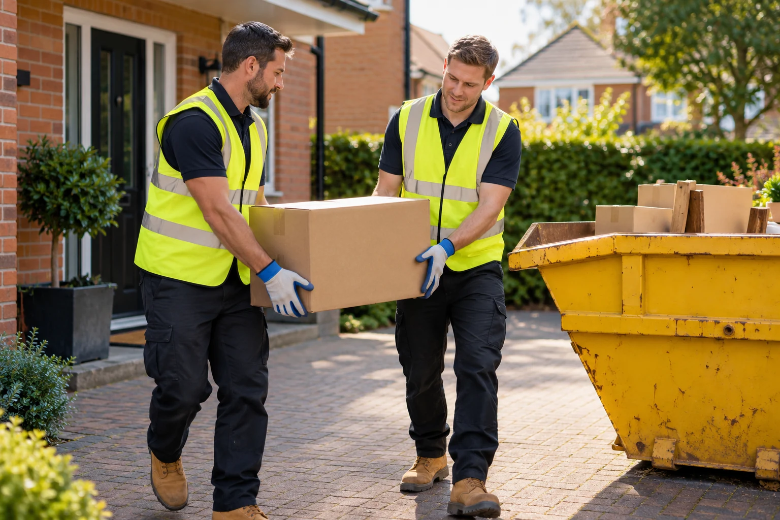 Two clearance workers carrying a box beside a yellow skip