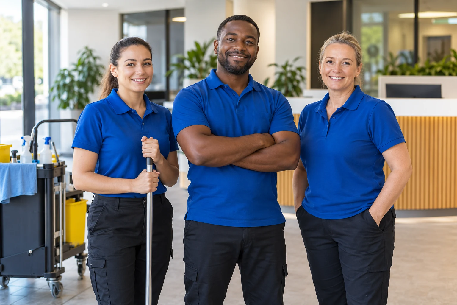 Three cleaning professionals in blue uniforms standing together
