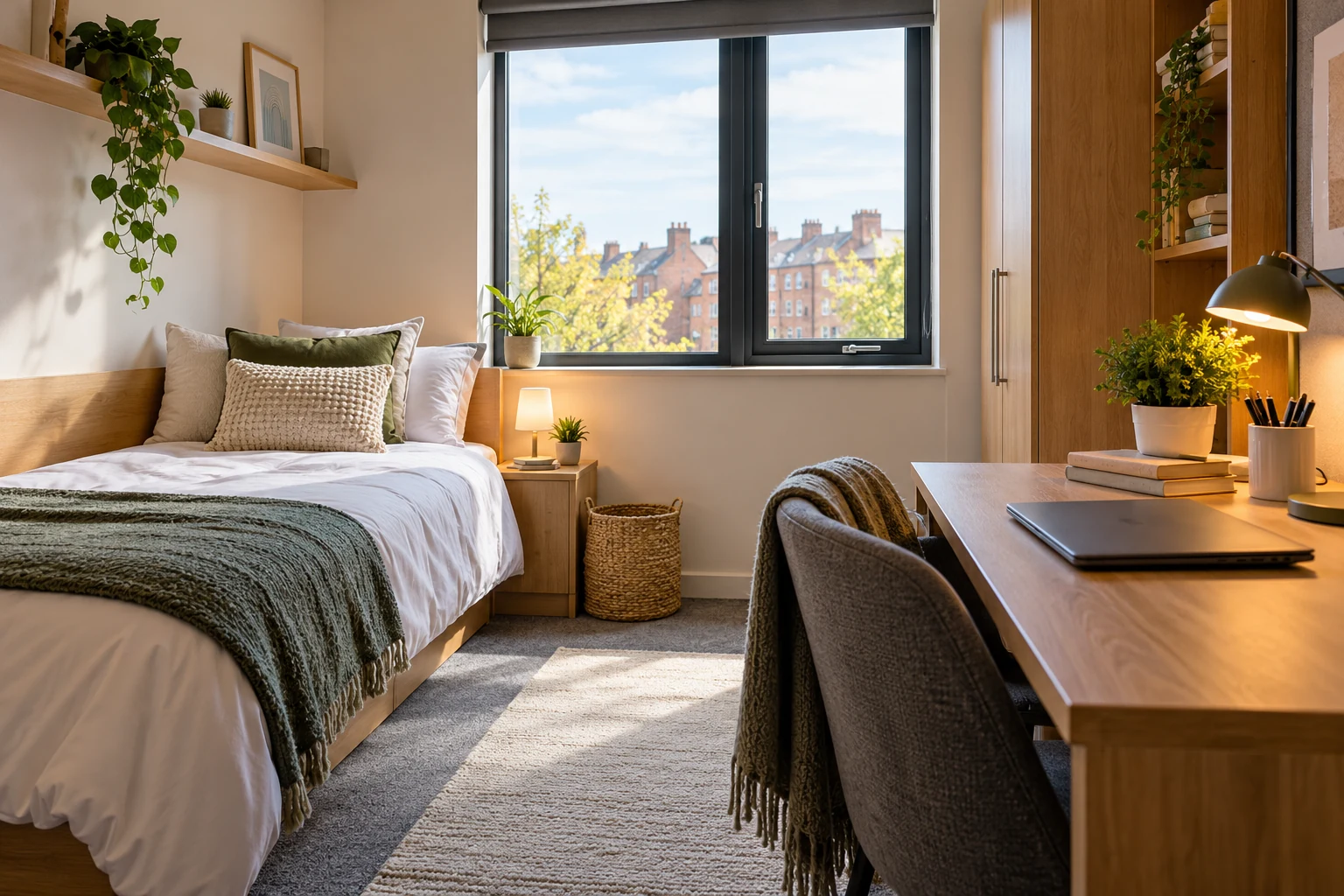 A tidy student bedroom with a clean study desk